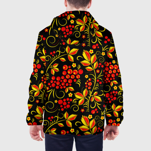 Мужская куртка 3D с принтом Хохломская роспись золотистые листья чёрном фоне, вид сзади #2