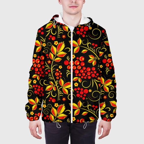Мужская куртка 3D с принтом Хохломская роспись золотистые листья чёрном фоне, вид сбоку #3