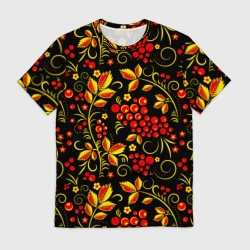 Мужская футболка 3D Хохломская роспись золотистые листья чёрном фоне