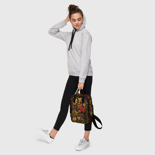Женский рюкзак 3D с принтом Хохломская роспись золотистые листья чёрном фоне, фото #4