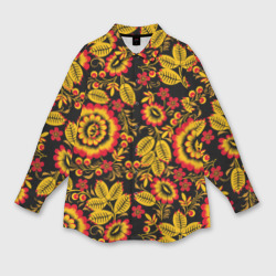 Мужская рубашка oversize 3D Хохломская роспись золотистые листья и цветы чёрном фоне