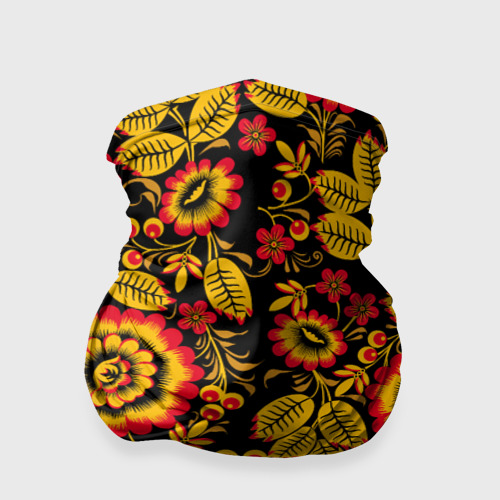 Бандана-труба 3D Хохломская роспись золотистые листья и цветы чёрном фоне, цвет 3D печать