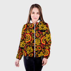 Женская куртка 3D Хохломская роспись золотистые листья и цветы чёрном фоне - фото 2