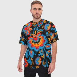 Мужская футболка oversize 3D Хохломская роспись разноцветные цветы на чёроном фоне - фото 2