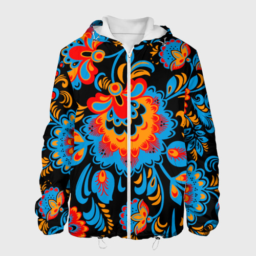 Мужская куртка 3D Хохломская роспись разноцветные цветы на чёроном фоне, цвет 3D печать