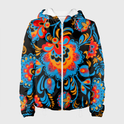 Женская куртка 3D Хохломская роспись разноцветные цветы на чёроном фоне