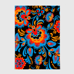 Постер Хохломская роспись разноцветные цветы на чёроном фоне