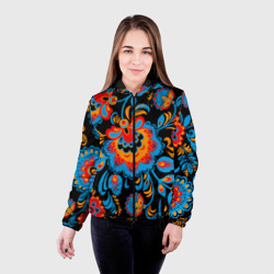 Женская куртка 3D Хохломская роспись разноцветные цветы на чёроном фоне - фото 2