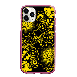Чехол для iPhone 11 Pro Max матовый Хохломская роспись золотые цветы на чёроном фоне
