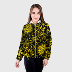 Женская куртка 3D Хохломская роспись золотые цветы на чёроном фоне - фото 2