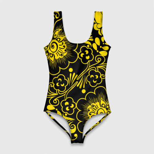 Женский купальник 3D Хохломская роспись золотые цветы на чёроном фоне, цвет 3D печать