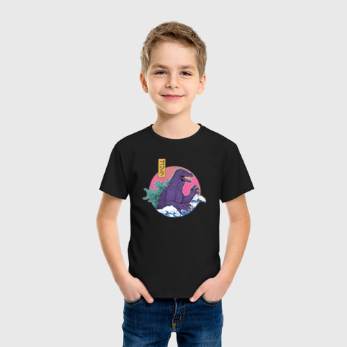 Детская футболка хлопок Годзилла выходит из волн, цвет черный - фото 3