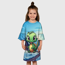 Детское платье 3D Маленький счастливый зеленый новогодний дракон - фото 2