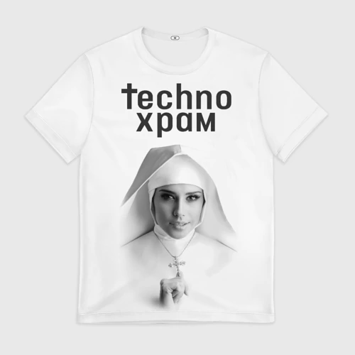 Мужская футболка 3D с принтом Techno храм монашка улыбается, вид спереди #2