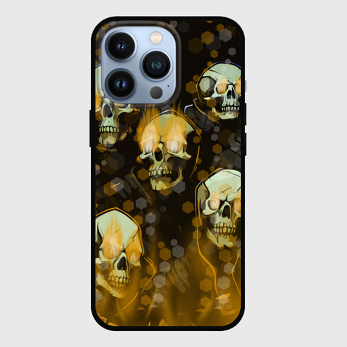 Чехол для iPhone 13 Pro с принтом Жёлтые черепа на чёрном фоне, вид спереди #2
