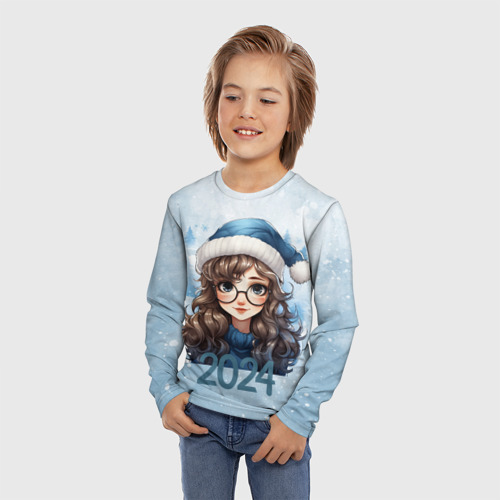 Детский лонгслив 3D с принтом Девушка в синем колпаке, фото на моделе #1
