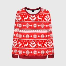 Мужской свитшот 3D Новый год ели и олени на красном фоне