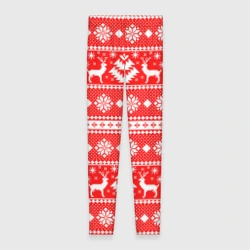 Леггинсы 3D Новый год ели и олени на красном фоне