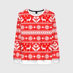 Женский свитшот 3D Новый год ели и олени на красном фоне