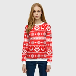 Женский свитшот 3D Новый год ели и олени на красном фоне - фото 2