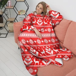 Плед с рукавами Новый год ели и олени на красном фоне - фото 2