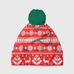 Шапка 3D c помпоном Новый год ели и олени на красном фоне