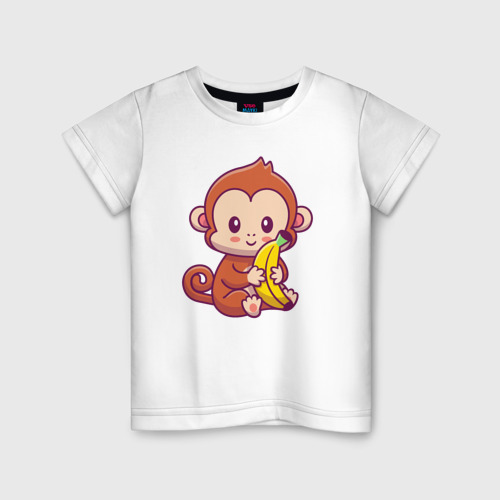 Детская футболка из хлопка с принтом Обезьянка с бананом, вид спереди №1