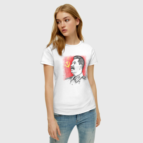 Женская футболка хлопок Профиль Сталина СССР, цвет белый - фото 3