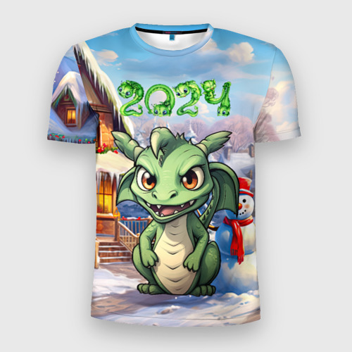 Мужская футболка 3D Slim с принтом Снежный зимний дом с драконом, вид спереди #2