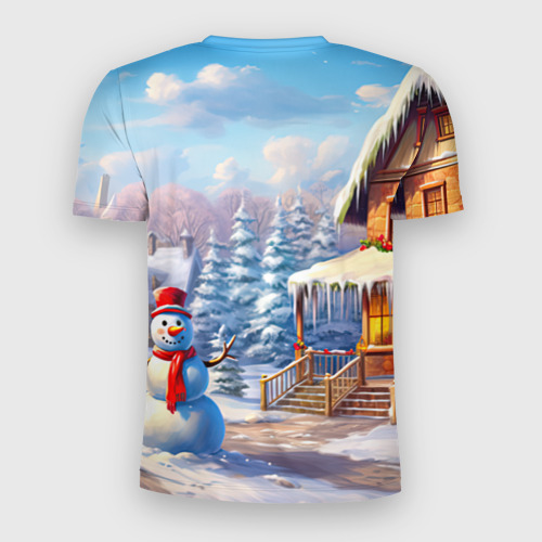 Мужская футболка 3D Slim с принтом Снежный зимний дом с драконом, вид сзади #1