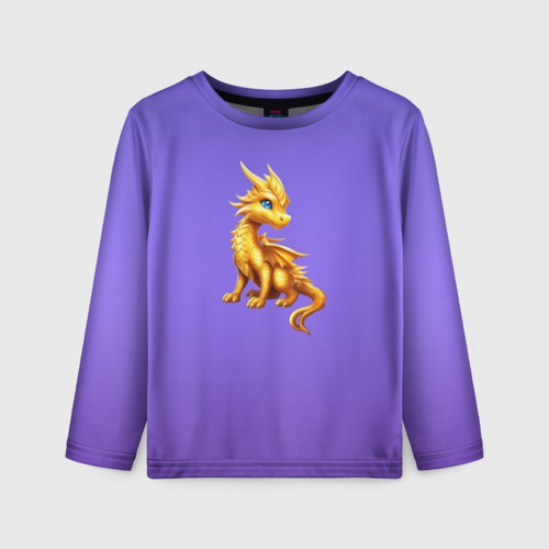 Детский лонгслив с принтом Золотой дракон на фиолетовом фоне, вид спереди №1