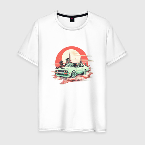 Мужская футболка хлопок Старое авто на оранжевом небесном фоне, цвет белый