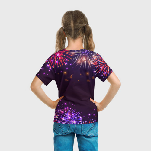 Детская футболка 3D с принтом Праздничный Кирилл: фейерверк, вид сзади #2