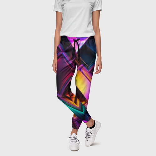 Женские брюки 3D с принтом Цветные стеклянные блоки - неоновый геометричный узор, фото на моделе #1