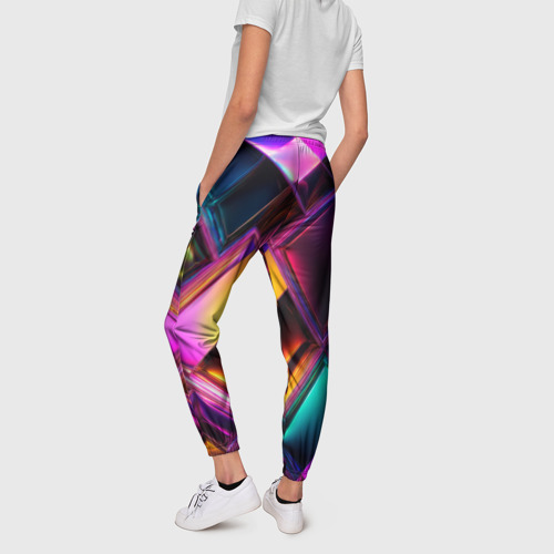 Женские брюки 3D с принтом Цветные стеклянные блоки - неоновый геометричный узор, вид сзади #2