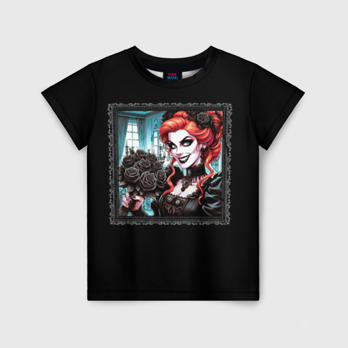 Детская футболка 3D с принтом Нейросеть - готическая ведьма с чёрными розами, вид спереди #2