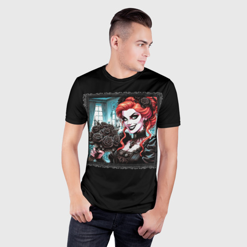 Мужская футболка 3D Slim с принтом Нейросеть - готическая ведьма с чёрными розами, фото на моделе #1