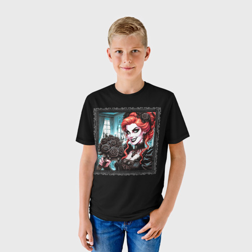 Детская футболка 3D с принтом Нейросеть - готическая ведьма с чёрными розами, фото на моделе #1