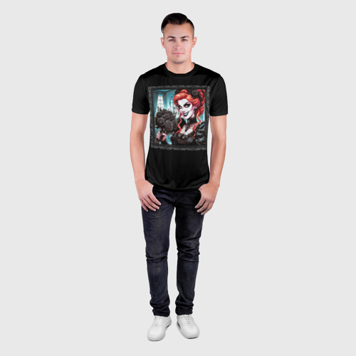 Мужская футболка 3D Slim с принтом Нейросеть - готическая ведьма с чёрными розами, вид сбоку #3