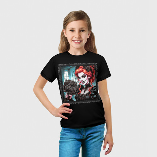 Детская футболка 3D с принтом Нейросеть - готическая ведьма с чёрными розами, вид сбоку #3