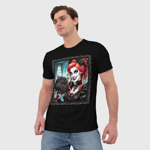 Мужская футболка 3D с принтом Нейросеть - готическая ведьма с чёрными розами, фото на моделе #1