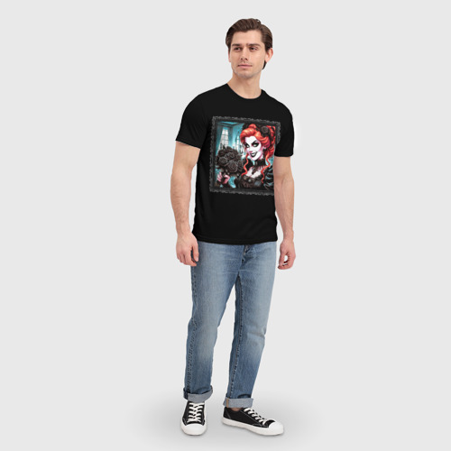 Мужская футболка 3D с принтом Нейросеть - готическая ведьма с чёрными розами, вид сбоку #3
