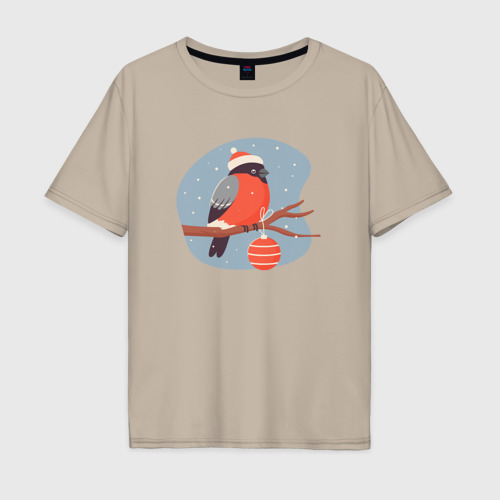 Мужская футболка хлопок Oversize с принтом Снегирь в новогодней шапочке сидит на ветке, вид спереди #2