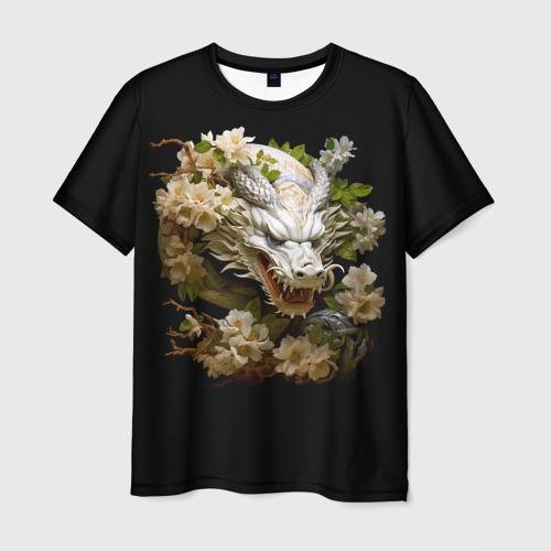 Мужская футболка с принтом Китайский дракон и цветы сакуры, вид спереди №1
