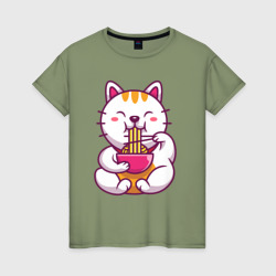 Котик кушает лапшу – Женская футболка хлопок с принтом купить со скидкой в -20%