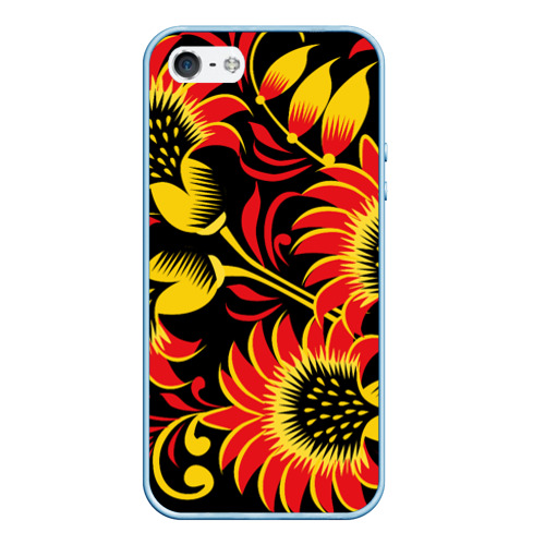 Чехол для iPhone 5/5S матовый Хохломская роспись красно-золотистые цветы на чёрном фоне, цвет голубой