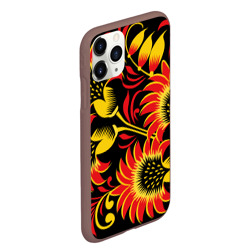 Чехол для iPhone 11 Pro Max матовый Хохломская роспись красно-золотистые цветы на чёрном фоне - фото 2