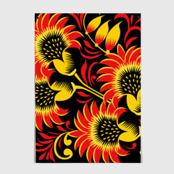Постер Хохломская роспись красно-золотистые цветы на чёрном фоне