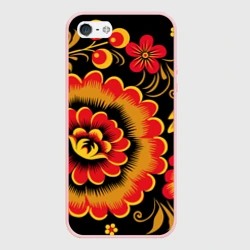 Чехол для iPhone 5/5S матовый Хохломская роспись красно-жёлтые цветы на чёрном фоне