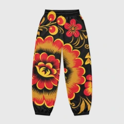 Женские джоггеры оверсайз 3D Хохломская роспись красно-жёлтые цветы на чёрном фоне